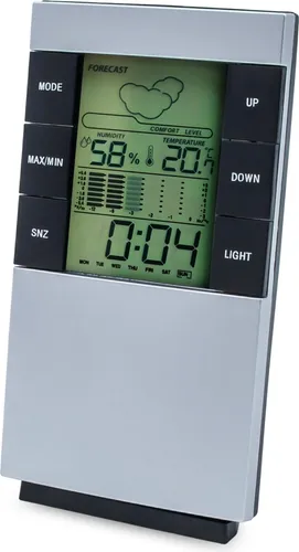 Digitale Wetterstation 5in1 silber für Innenräume zum Hängen oder Aufstellen - 14 x 8 cm - Hygrometer mit Uhr Wecker und Wettervorhersage batteriebetr