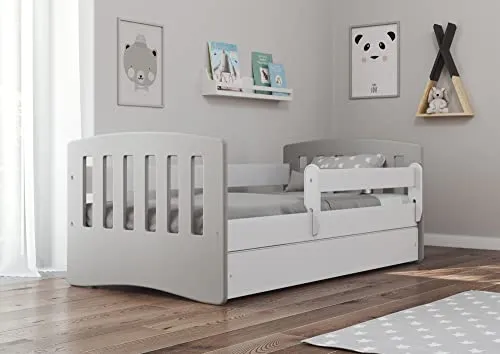 Bjird Kinderbett Jugendbett 80x160 80x180 mit Rausfallschutz Matratze Schublade und Lattenrost Kinderbetten für Mädchen und Junge - Classic I (80 x 160 cm mit Matratze, Grau)