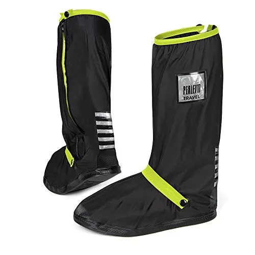 PERLETTI Überschuhe Schwarz Wasserdicht Beständig rutschfest - Schuhüberzieher Wiederverwendbar Verstärkt mit Reflektorstreifen - Hohe Regenschutz Galoschen für Regen Schnee (M (40/42 EU), Lindgrün)