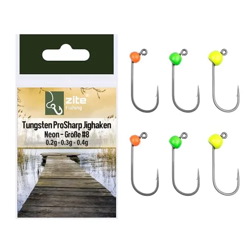 Zite Fishing Tungsten Pro Sharp Jighaken Forelle Neon 6 STK #8 | Tungsten Jigköpfe Forelle UV-Aktiv | Forellen-Haken mit Tungsten-Perle Teflonbeschichtet | Ultraspitz & Scharf für Gummiköder UL Angeln