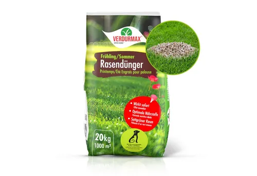 VERDURMAX® Rasendünger Frühling/Sommer 20 kg - Dünger für einen saftig grünen Rasen mit einzigartiger N-P-K-Formel (14-3-8), schützt vor Trockenstress und fördert gesundes Wachstum.