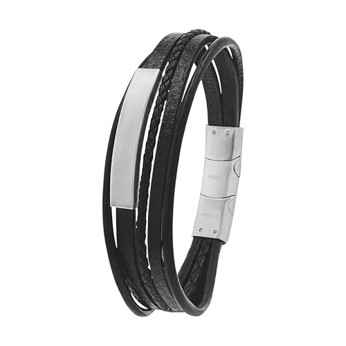 Tom Tailor Identarmband für Herren aus Edelstahl und Leder, 20+1,5 cm, schwarz