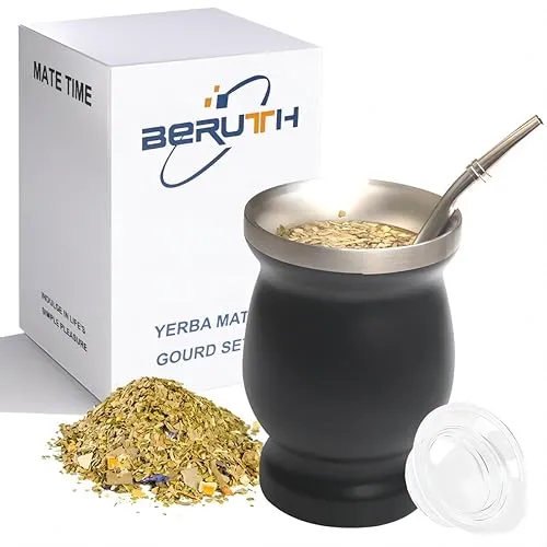 Yerba Mate Tee Set (Mate Becher), Edelstahl-Teetassen-Set mit einem multifunktionalen Deckel, zwei Trinkhalmen und Reinigungsbürsten, Wärmeisolierung, Verbrühungsschutz (schwarz)