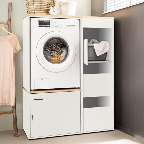 Lomadox Waschmaschinenumbau mit Wäscheschrank und abschließbarem Putzmittelschrank - Praktische Kombination aus Waschmaschinenumbau, Wäscheschrank und abschließbarem Unterschrank in Weiß mit Eiche. Ideal für Ordnung und Sicherheit im modernen Hauswirtschaftsraum.