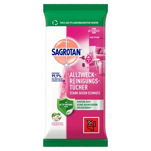 Einwegtücher Sagrotan Allzwecktücher 60 Stück Feuchtücher antibakterielle Reinigungstücher Blütenfrische Grüner Apfel 3256955