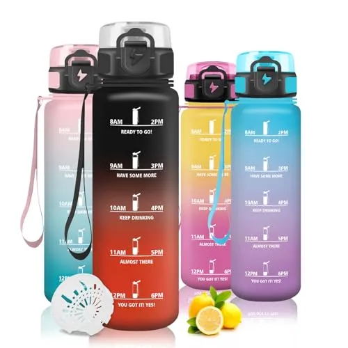 Mujigaga 1 Liter Trinkflasche, Trinkflasche Sport mit Filter, Wasserflasche für Erwachsene, Wasserflasche mit Uhrzeit, Leicht zu Reinigen, für Wandern, Gym, Schule, Camping, Outdoor