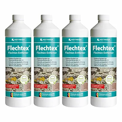 HOTREGA Flechtex 4x 1 Liter – Gebrauchsfertiger Flechtenentferner - Moosbekämpfung: Effektiv gegen Flechten und Algen auf Steinoberflächen, 100% säure- und chlorfrei, ideal für empfindliche Materialien – schnelle Wirkung in nur 30 Minuten!