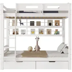 Etagenbett, Kinderbett mit Fallschutzgitter, Zwei Schubladen auf Rollen, Offenes Regal, Fünfstufige Leiter, Reichlich Stauraum, Kiefer+MDF