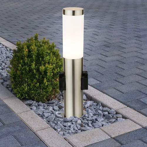 Watt LED Edelstahl Stand Leuchte Garten mit 2 Steckdosen - Edelstahl Stehleuchte für den Außenbereich, IP44, mit 2 Steckdosen für Gartengeräte und energiesparendem 7 Watt LED-Leuchtmittel – ideal zur Gestaltung von Wegen und Bereichen im Garten.