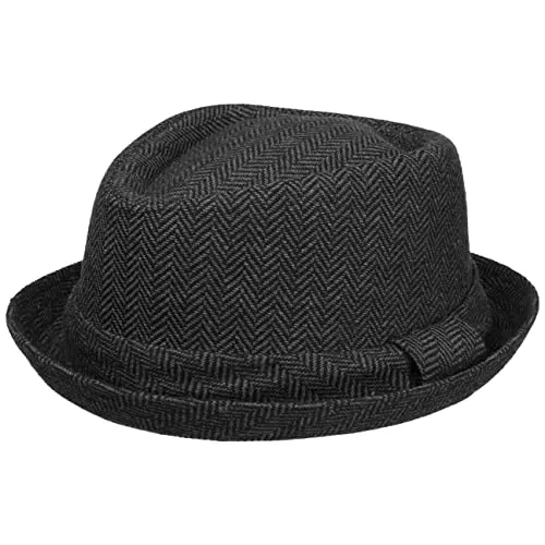 Lipodo Diamond Crown Herringbone Wollhut Pork Pie Fedora mit Innenfutter Stoffhut Damen Herren Sommer Winter schwarz-grau L (58-59 cm)