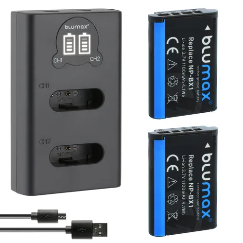 2x Akku + LCD Lader für Sony NP-BX1 - Akkus für Sony-Kameras, 1100 mAh Kapazität für längere Aufnahmezeiten und LCD-Lader für einfache Überwachung des Ladezustands.