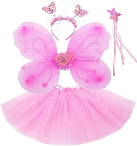 Fun Play Feen kostüm kinder für Mädchen - Schmetterlingsflügel kinder Tutu Zauberstab und Haarreifen - Schmetterlingsverkleidungen - Engelsflügel für Mädchen 3-8 Jahre alt - Farbe Rosa