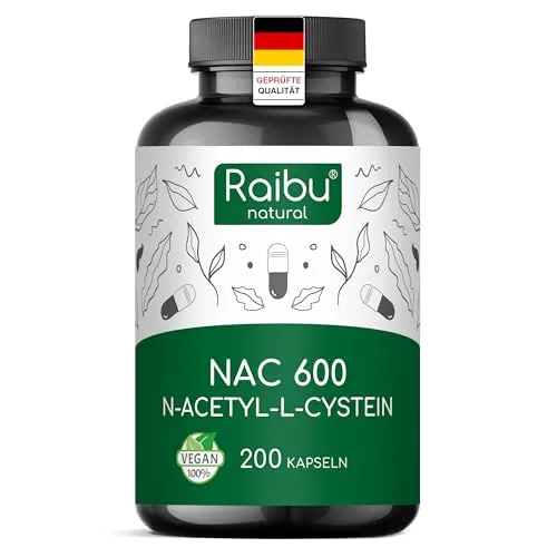Raibu NAC 600 Kapseln hochdosiert (200 Kapseln x 600mg) I NAC Acetyl L-Cystein in bester Qualität ohne Zusätze in Deutschland produziert