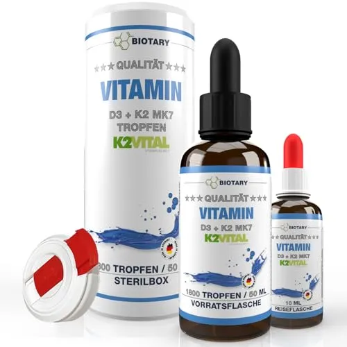 Vitamin D3 + K2 Tropfen 50ml, 99,7+% All-Trans, inclusive Sterilbox, Reisefläschchen, hochdosiert 1.000 I.E. = 25µg D3 + 20µg K2, Laborgeprüft