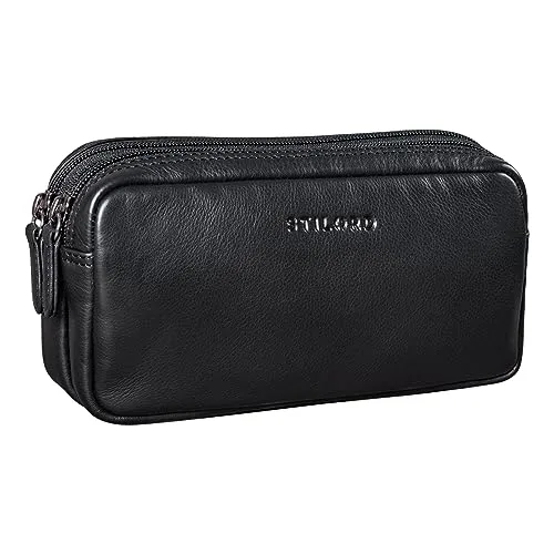 STILORD 'Eddie' Leder Federmäppchen Stifteetui Groß Stiftemappe mit 2 Reißverschluss Fächern Schlamper-Mäppchen Vintage Federmappe Etui Kosmetiktasche Echtleder, Farbe:schwarz