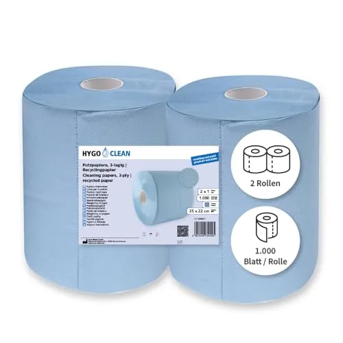 Franz Mensch HygoClean Putzpapiere, 3-lagig, blau | Recyclingpapier, 2 Rollen, 1000 Abrisse, L: 35cm B: 22cm, Kerndurchmesser 7cm, Reinigungstücher, nachhaltige Wischtücher
