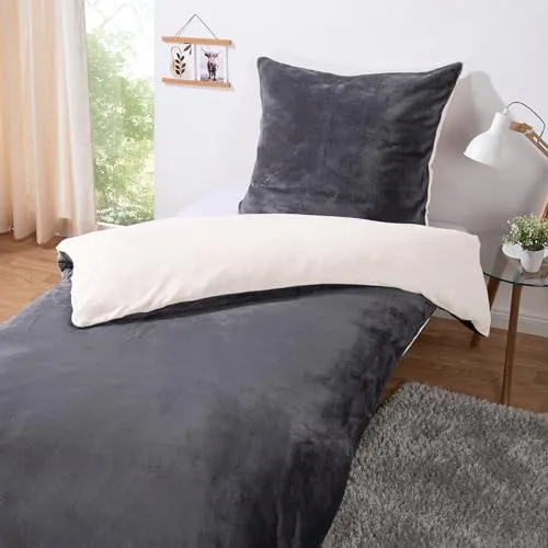 heimtexland ® Winter Plüsch Wende Bettwäsche Set Cashmere Touch - Bettwäsche-Set aus flauschigem Teddy Flanell in Creme Grau, ideal für warme Nächte im Winter und angenehm weich für perfekten Schlaf.