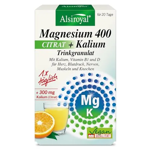 Alsiroyal Magnesium 400 CITRAT + Kalium Trinkgranulat Orange - Magnesium Komplex mit Kalium, Vitamin B1 & D3 für Herz, Blutdruck, Nerven, Muskeln & Knochen (20 Sticks) - vegan & ohne Zuckerzusatz