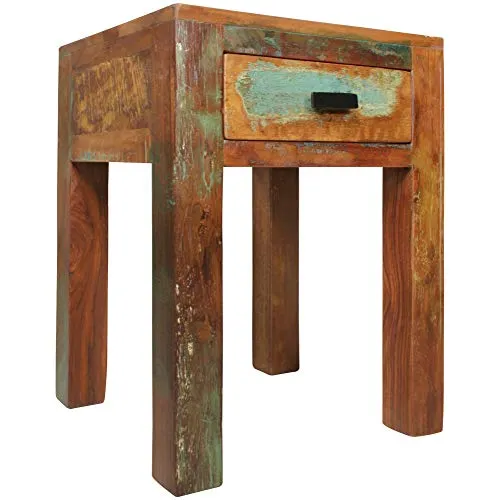 FineBuy Nachttisch KALKUTTA – Shabby Chic aus Mango Massivholz - Nachttisch im Shabby Chic Stil aus recyceltem Mango Massivholz, ideal als Beistelltisch mit praktischer Schublade für zusätzlichen Stauraum.