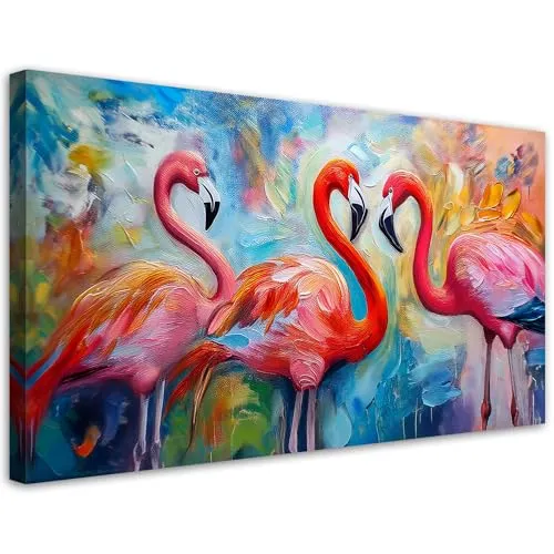 Feeby Leinwand Bilder - Bild Wohnzimmer - Flamingos Vögel Tiere Abstrakt Bunt. - 120x60 1tlg - Deko Schlafzimmer Groß - Dekoration Canvas - Gemälde - Modern Wandbilder - Kunstdruck