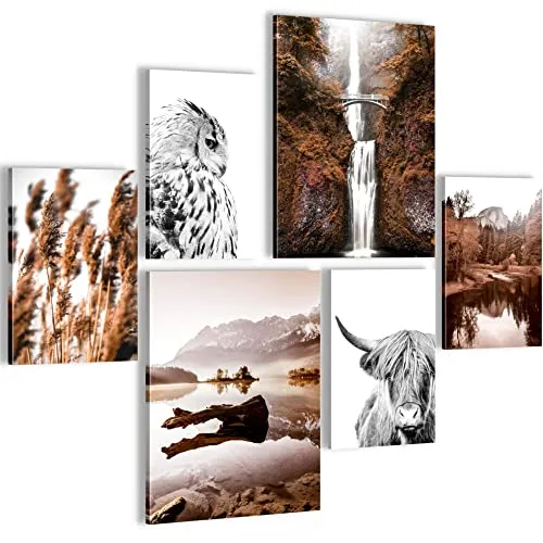 Novart Wandbilder Set Natur Berge See Orange Braun - KEIN EXTRA RAHMEN BENÖTIGT - Modern Deko - Wohnzimmer Schlafzimmer N005563a