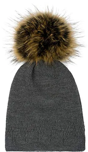 styleBREAKER Unisex Strickmütze mit abnehmbarem Kunstfellbommel - Warme Strickmütze in Dunkelgrau mit Zacken Muster und abnehmbarem Bommel, ideal für kalte Temperaturen. Einheitsgröße für besten Tragekomfort.