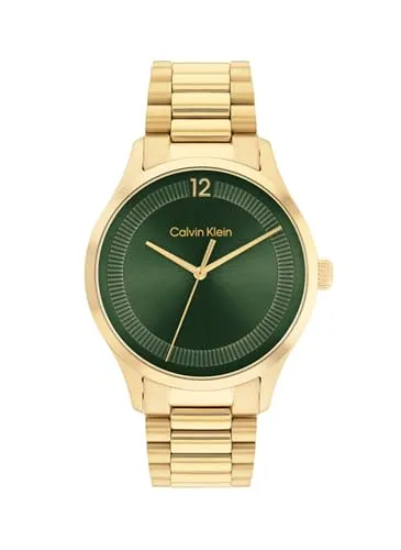 Calvin Klein CK Iconic Analog Quarzuhr für Männer und Frauen - Elegante Armbanduhr mit grünem Sonnenstrahlen-Zifferblatt und goldfarbenem Edelstahlarmband, wasserabweisend bis 3 bar – perfekt für jeden Anlass.