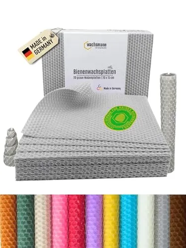 Wachsmann 20 Bienenwachsplatten aus Deutschland - Kerzenwachs aus 100 % reinem Bienenwachs, ideal zum einfachen Selbermachen von duftenden Kerzen. 20 x 15 cm große Platten, perfekt für kreativen Bastelspaß mit der Familie.