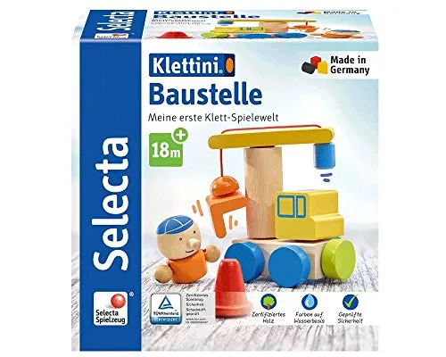Selecta 62075 Klettini Baustelle - Buntes Klett-Stapelspielzeug - Sortier- & Stapelspielzeug, fördert kreative Rollenspiele mit stabilen Fantasiekonstruktionen aus hochwertigem Holz, sicher und ungiftig, Made in Germany.