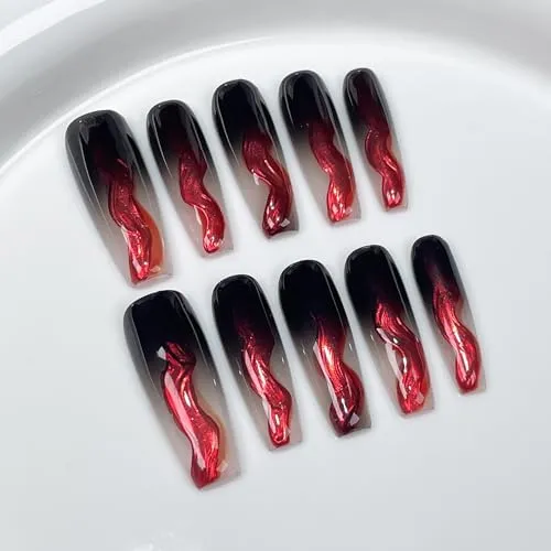 Handgefertigte Press on Nails Long MouyouGlow,Ballerina Schwarz Rot Ombre Gothic Vampire Blood Black Red Gradient Resuable Fake Nails,Handmade Künstliche Fingernägel 10Pcs 120-M