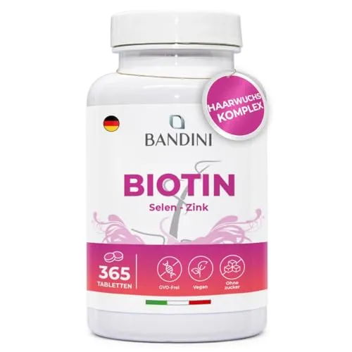 Bandini® Biotin, Selen und Zink | 365 vegane Tabletten | Für Haar-, Bart-, Haut- und Nagelwachstum | Vitamin H für Frauen und Männer | Hochdosiert, GMO-frei | 1 Tablette/Tag für einen Jahresvorrat