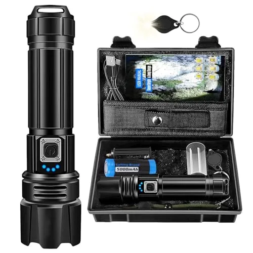 Azyvum Taschenlampe LED Aufladbar,Extrem Hell 1000000 Lumen Zoombare Taktische Taschenlampen Starke mit 5 Lichtmodi,IP67 Wasserdichte Flashlight Torch für Camping,Angeln,Wandern,Outdoor,Notfäll