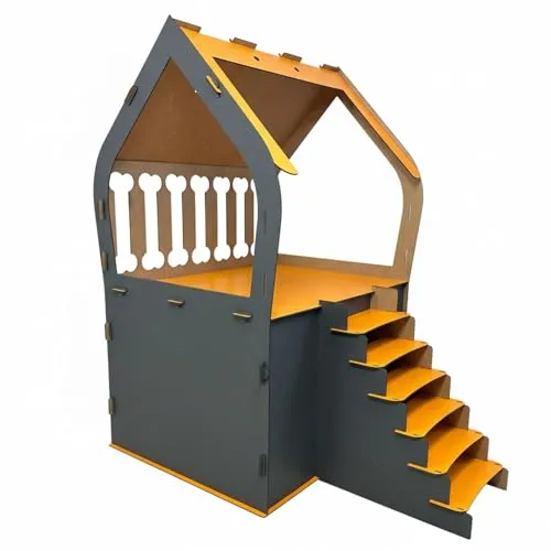 Jungengel 3XL Hundehütte für kleine Hunde – Indoor Hundebett mit Treppe & Balkon – MDF Haus mit 2 Ebenen, 91x84x58 cm – Stecksystem ohne Schrauben – bis 10 kg Hundehaus (Anthrazit | Orange, 3XL)