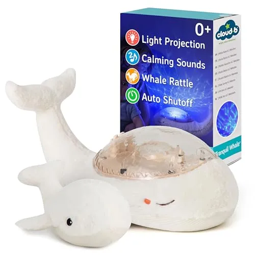 Cloud b® Tranquil Whale™ Nachtlicht - Beruhigender Wal für Kinder - Gesellschaftsspiel und Nachtlicht in einem! Der Tranquil Whale schafft eine entspannte Schlafumgebung mit sanften Lichteffekten und beruhigenden Melodien, ideal für ängstliche Kinder.