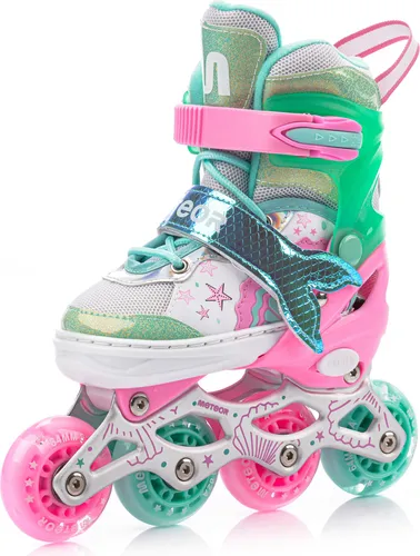 Meteor Inlineskates Kinder Mermaid S (30-33) - Inline Skates für Kinder mit einzigartigem Mermaid-Design, verstellbar für wachsende Füße und ausgestattet mit einem sicheren 3-in-1-Verschluss-System für optimale Kontrolle und Komfort.