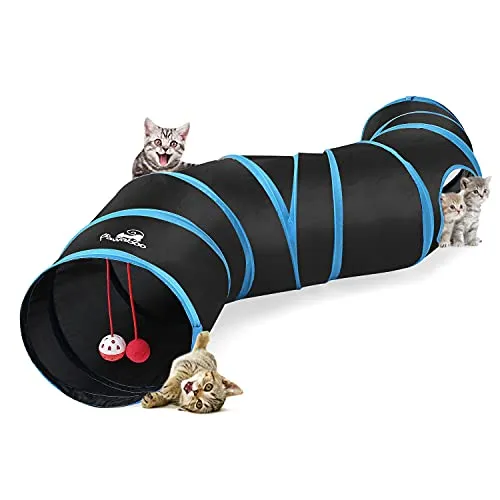Pawaboo Katzenspielzeug, S Förmiger Katzentunne mit Ball und Glocken Faltbar Rascheltunnel Katze Katzentunnel für Hunde Welpeln Kaninchen und Kleintiere Haustier, Schwarz und Himmelblau