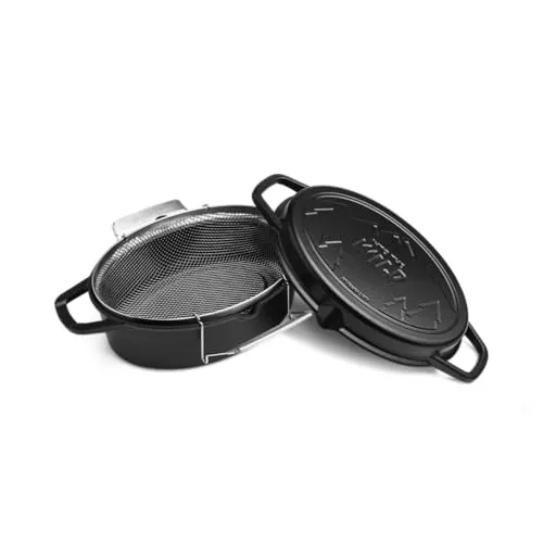 BURNHARD Grilltopf Gusseisen 7,5 L - Pfannen mit Frittierkorb aus Edelstahl, perfekt für schonendes Grillen und Frittieren, ideal für Grillliebhaber und umweltbewusste Köche.
