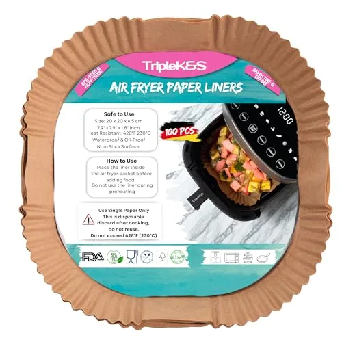 TRIPLE K&S Airfryer Backpapier für Heißluftfritteuse 100 Pcs 4.5L–8L, 20–20cm Non-Stick Parchment Paper, Compatible with COSORI, Philips, Midea, Cecotec, Russell Hobbs XL XXL (100 Stücke 4,5L-8L)