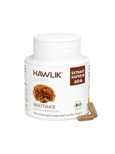 HAWLIK Vitalpilze Bio Maitake Extrakt Kapseln - 60 Kapseln - Mit Vitamin C - Natürlicher Anbau - Vegan - Zuckerrohr-Dose