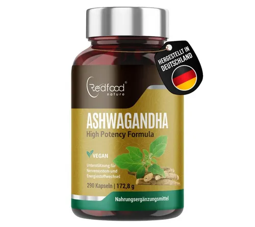 Redfood Bio Ashwagandha Kapseln 290 St. - Ashwagandha Kapseln für mehr Wohlbefinden – 1500 mg pro Tagesdosis, vegan und ohne Zusatzstoffe, ideal gegen Stress.
