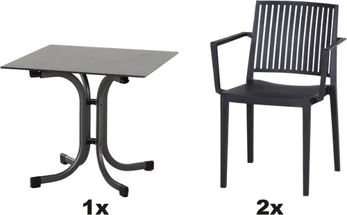 Siena Garden Gartensessel Lane Anthrazit 2er Set mit Tisch Sola 80 x 80 cm - Hochwertiges Set mit 2 Stapelsesseln und Tisch, witterungsbeständig, pflegeleicht und bis 150 kg belastbar. Ideal für entspannte Stunden im Freien!