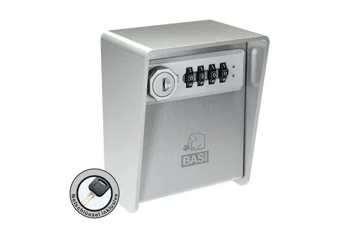 BASI Tresor Schlüsselsafe aus Edelstahl mit Zahlenschloss - Robuster Schlüsselsafe aus 3 mm Edelstahl, wetterfest und ideal für Innen- und Außenbereiche. Mit 4-stelligem Zahlenschloss und Notschlüssel für sichere Aufbewahrung von Schlüsseln.