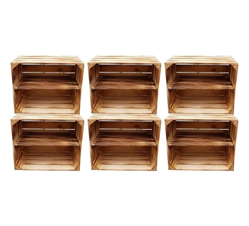 Obstkiste Holzkiste Weinkiste Geflammt 6er SET 50x40x30cm - Praktisches 6er Set aus geflammten Holzkisten für stilvolle Aufbewahrung von Obst und Wein. Ideal zur Wandmontage oder freistehend, mit 12 Fächern für optimale Organisation.