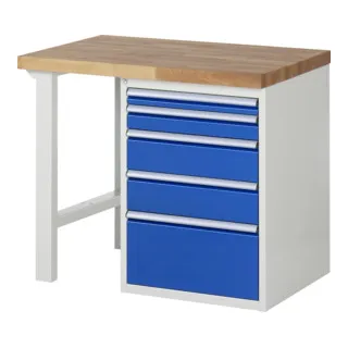 Rau Werkbank 7511A1 - Robuste Standardwerkbank mit 5 Schubladen - Standardwerkbank mit massiver Buche-Arbeitsplatte (40 mm) und pulverbeschichtetem Stahlgestell. Ideal für Werkstätten, langlebig und belastbar bis 1000 kg.