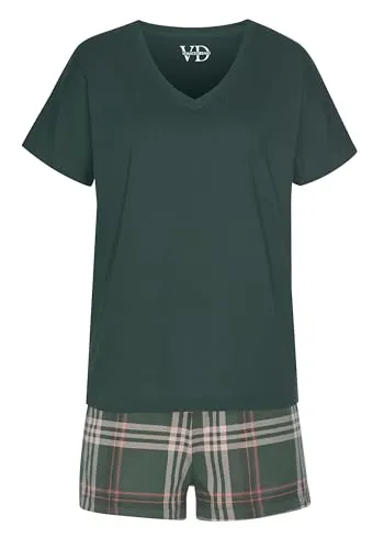 Lascana Damen Shorty kurzer Pyjama, Shirt mit V-Ausschnitt, Shorts mit Smokbund, Baumwoll-Polyesterqualität
