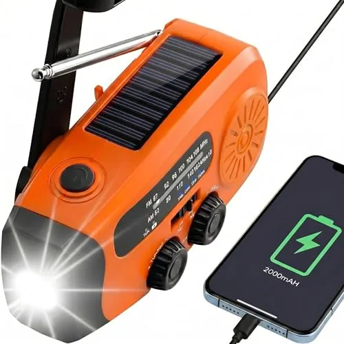 Notfallradio, Kurbelradio mit 2000mAh Power Bank & Solar, AM/FM Radio mit SOS-Alarm Leselicht, Innen Außen Camping