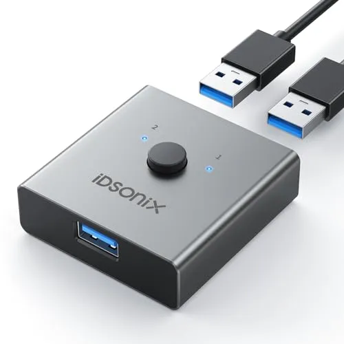 iDsonix USB 3.0 Switch 2 PC Aluminium, Bi-direktionaler USB Umschalter 2 in 1 Out, Sharing Switch 2 Computer teilen Sich 1 Gerät für Drucker Maus Tastatur, unterstützt CarPlay, Android Auto