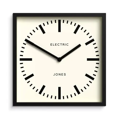 JONES CLOCKS® Box Eisenbahn wanduhr | Quadratische bahnhofsuhr | 25cm | Schwarz | Cooler designerlook für küche, Wohnzimmer oder büro