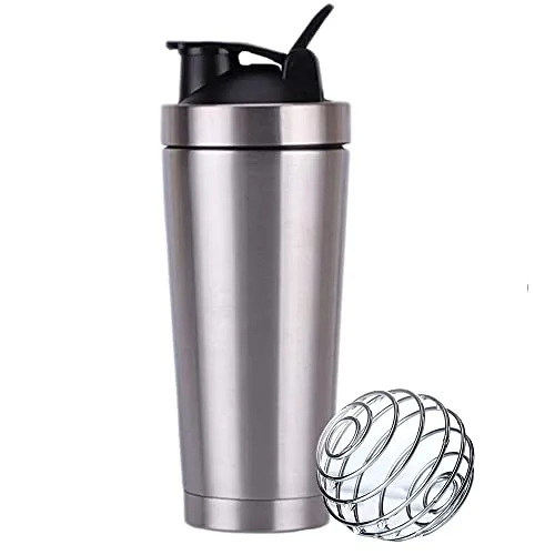 Proteinshaker aus Edelstahl mit Mischkugel, 750 ml, Proteinflasche mit Mischkugel aus Edelstahl und Filter, Shake Blender kugel
