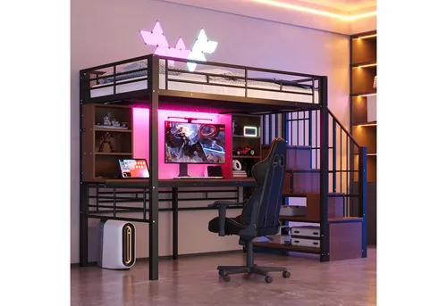 Redom Hochbett Schwarz 90x200 cm mit integriertem Schreibtisch - Modernes Hochbett in Schwarz für Kinder- und Jugendzimmer. Mit integriertem Schreibtisch, Stauraumtreppe und LED-Beleuchtung für eine individuelle Raumnutzung. Sicher und platzsparend!